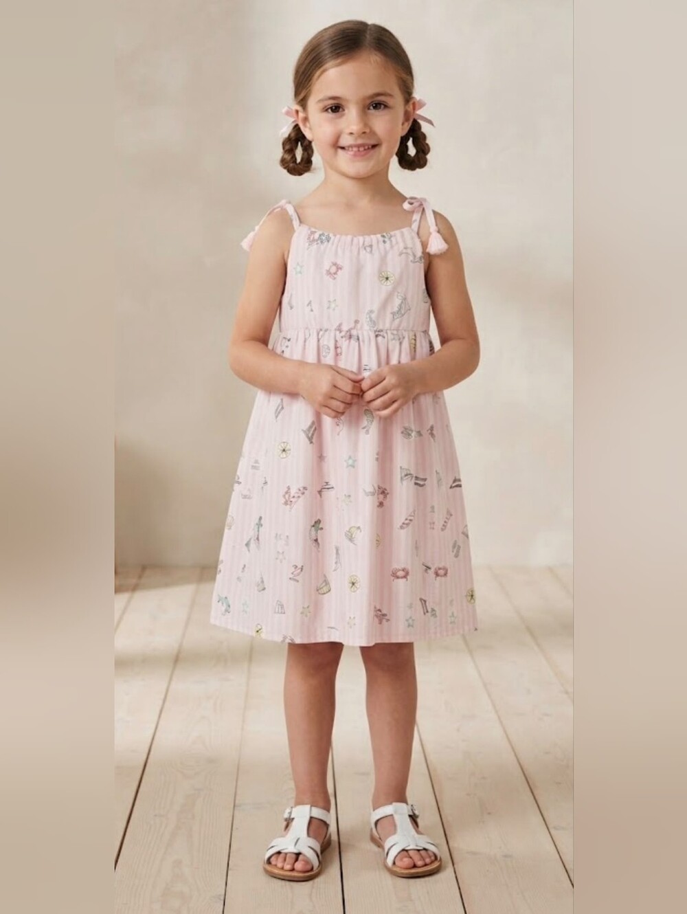 Savannah Light Pink Sleeveless Tie-Shoulder Dress with Beach Motifs